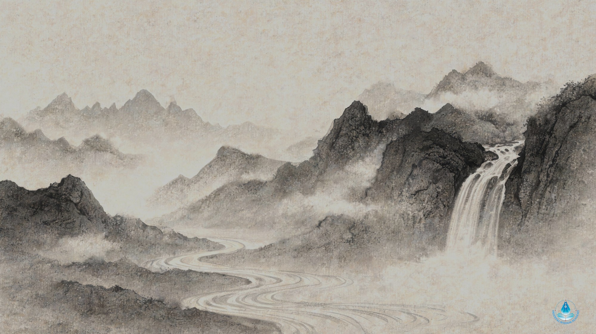 Oriental Wisdom Academy announces its global website launch. The image features a traditional Chinese ink wash landscape painting in monochrome tones on textured rice paper. Mist-shrouded mountain peaks recede into infinity, with a silvery waterfall cascading down a rugged cliff into a tranquil winding river. The visual embodies Eastern contemplative wisdom, serenity, and the dawn of a new global chapter. Overlaid text reads: "Oriental Wisdom Academy — Realise TAO through business practice, and achieve business success through TAO." OWA Global was founded by Prof. Oliver Yue Zhao, a distinguished EMBA professor who has led executive education at Asia's most renowned business schools including HKUST Business School, CEIBS, CKGSB, and Peking University Guanghua School of Management. OWA Global bridges Eastern wisdom with Western strategic rigour, translating the depth of Eastern philosophy into a rigorous, actionable framework for organisational velocity and long-term viability.