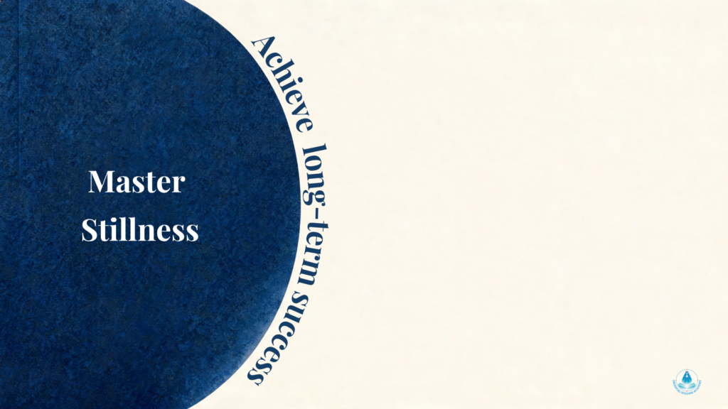 Abstract minimalist composition with a large, textured ocean-blue circle occupying the left side of an off-white frame, leaving negative space at top and bottom. The circle has a soft, velvety matte surface with gently curving edges blending into the background. Text on the right reads: "Master stillness, achieve long-term success." The image conveys calm, contrast, and a concept linking visual stillness to enduring achievement.