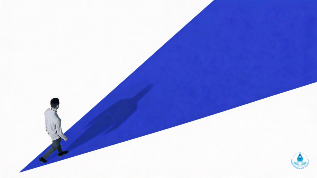Against an empty white field, a man strides from left to right, his shadow stretching out behind him. A solid blue triangle rises from the lower-right edge, its apex pointing diagonally upward to the left. The shadow lands entirely inside this geometric form, implying a single focused light source. The result is a stark, high-contrast graphic composition powered by a single bold diagonal—with no captions or outer borders present.