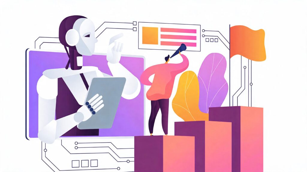 Flat modern illustration on a white background of a white robot with purple accents holding a tablet and pointing, facing a person in a pink shirt standing on stepped blocks using a telescope, surrounded by stylized purple and yellow leaves, circuit board patterns, and an orange flag on the tallest block.
